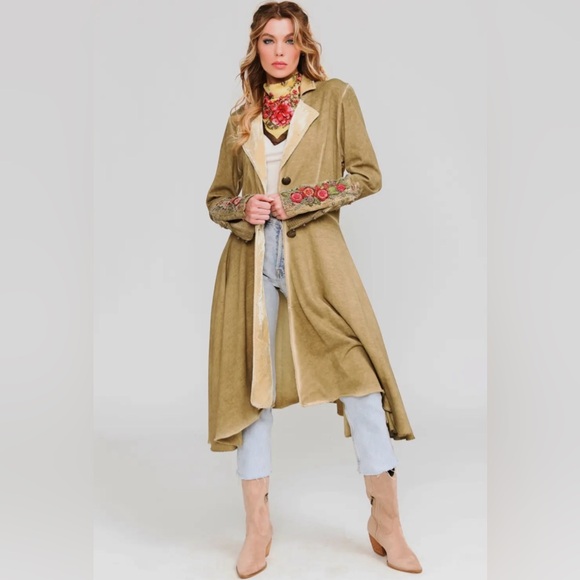 Aratta Floral Embroidered Trench Coat in Tan - Picture 7 of 12